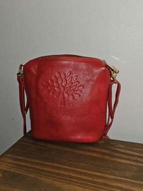 Mulberry Red Pebbled Leather Crossbody with Tree Motif